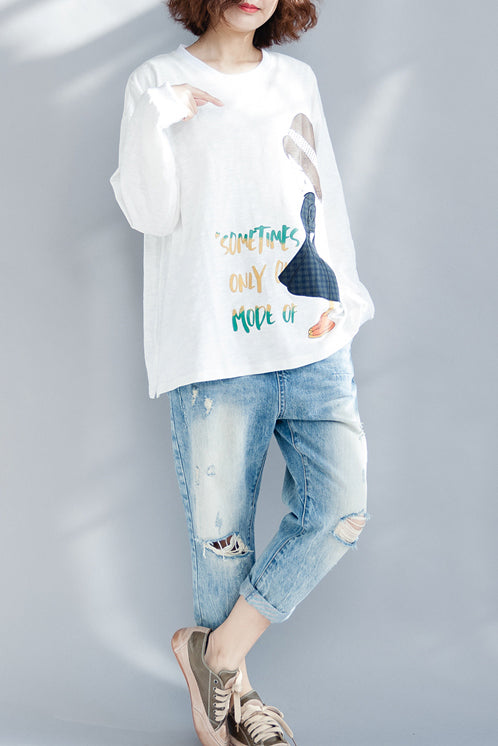 French O Neck Long Sleeve Cotton Clothes Organic Fabrics White Blouse Spring