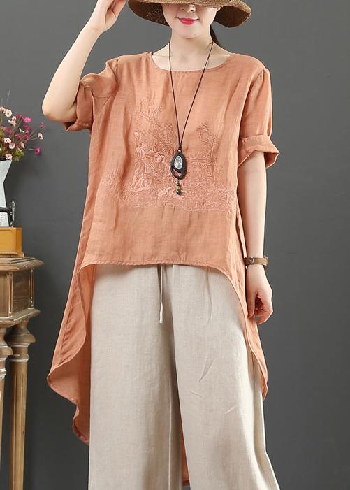 French O Neck Low High Design Cotton Blouse Orange Embroidery Short Shirt