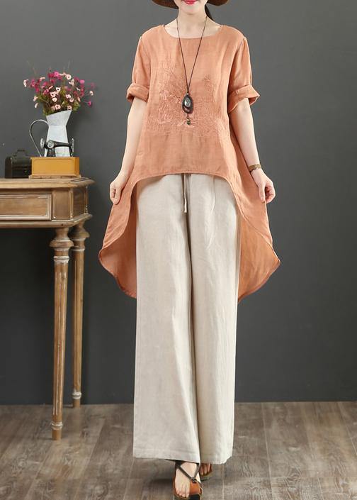 French O Neck Low High Design Cotton Blouse Orange Embroidery Short Shirt