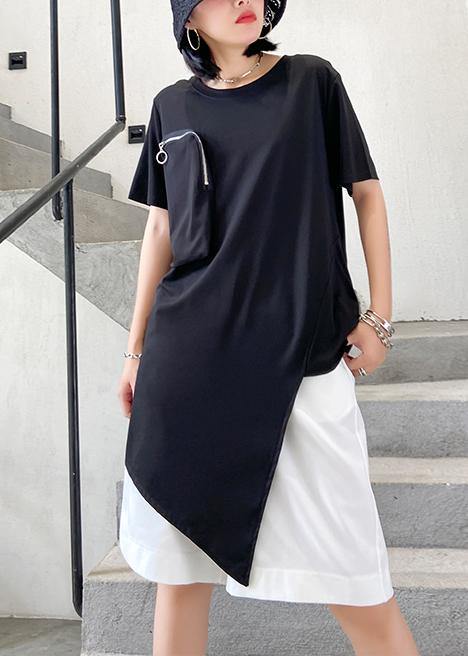 French O Neck Patchwork Cotton Top Sewing Black Shirts