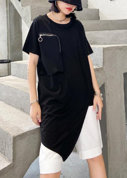French O Neck Patchwork Cotton Top Sewing Black Shirts