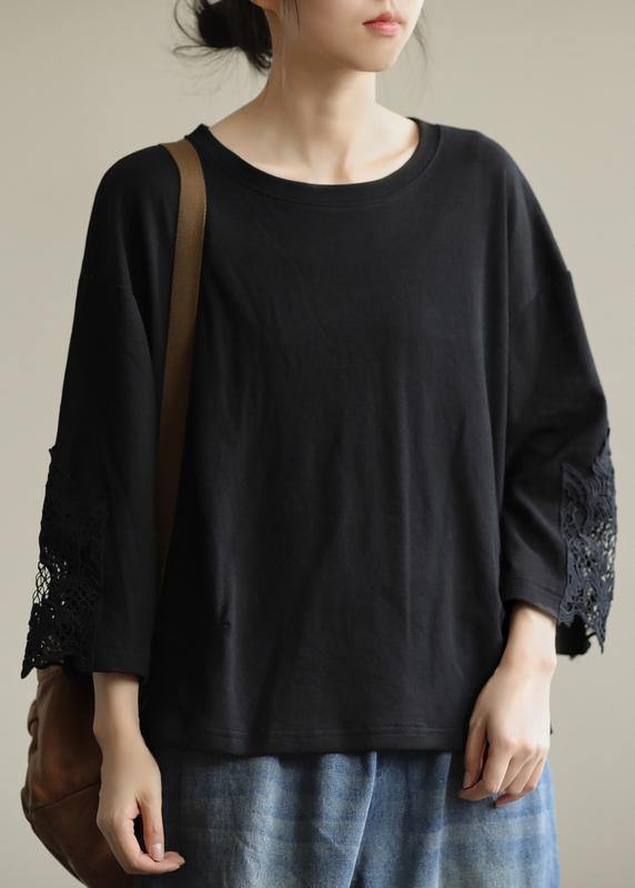 French O Neck Patchwork Fall Box Top Fabrics Black Blouse