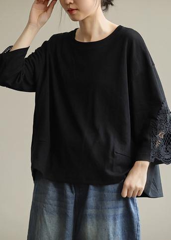 French O Neck Patchwork Fall Box Top Fabrics Black Blouse
