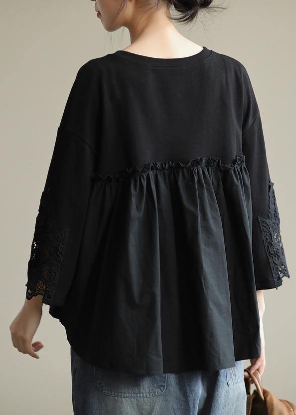 French O Neck Patchwork Fall Box Top Fabrics Black Blouse