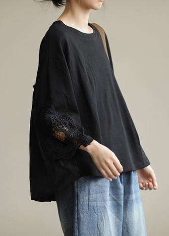 French O Neck Patchwork Fall Box Top Fabrics Black Blouse