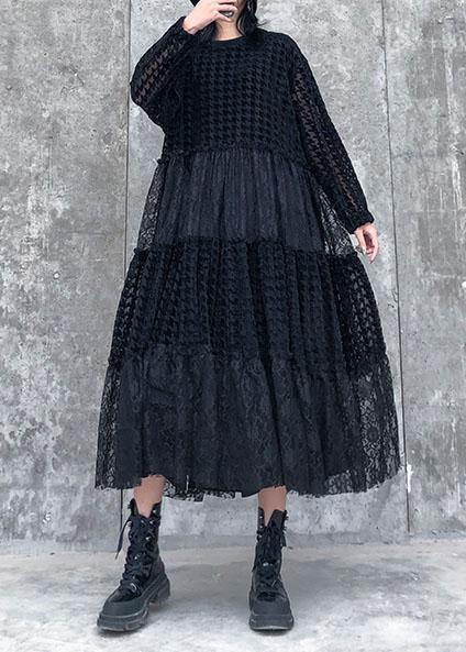 French O Neck Patchwork Lace Clothes Photography Black Long Dresses