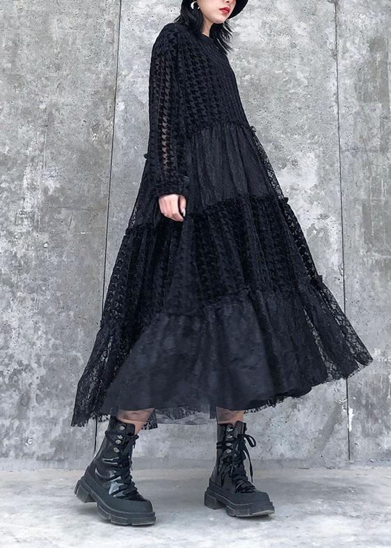 French O Neck Patchwork Lace Clothes Photography Black Long Dresses