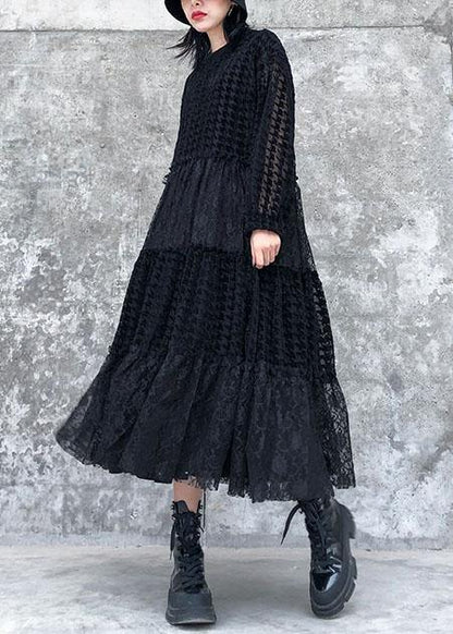 French O Neck Patchwork Lace Clothes Photography Black Long Dresses