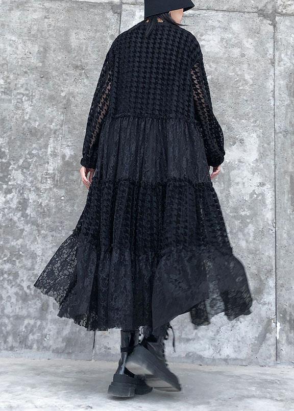 French O Neck Patchwork Lace Clothes Photography Black Long Dresses