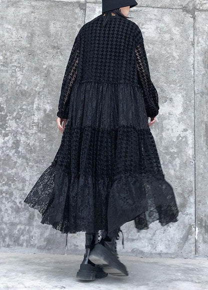 French O Neck Patchwork Lace Clothes Photography Black Long Dresses