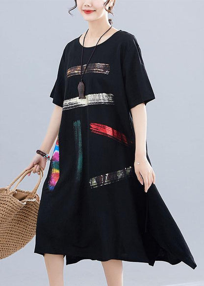 French O Neck Pockets Cotton Clothes Black Print Dresses Summer