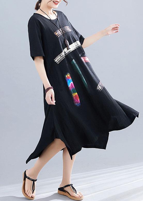 French O Neck Pockets Cotton Clothes Black Print Dresses Summer