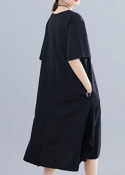 French O Neck Pockets Cotton Clothes Black Print Dresses Summer