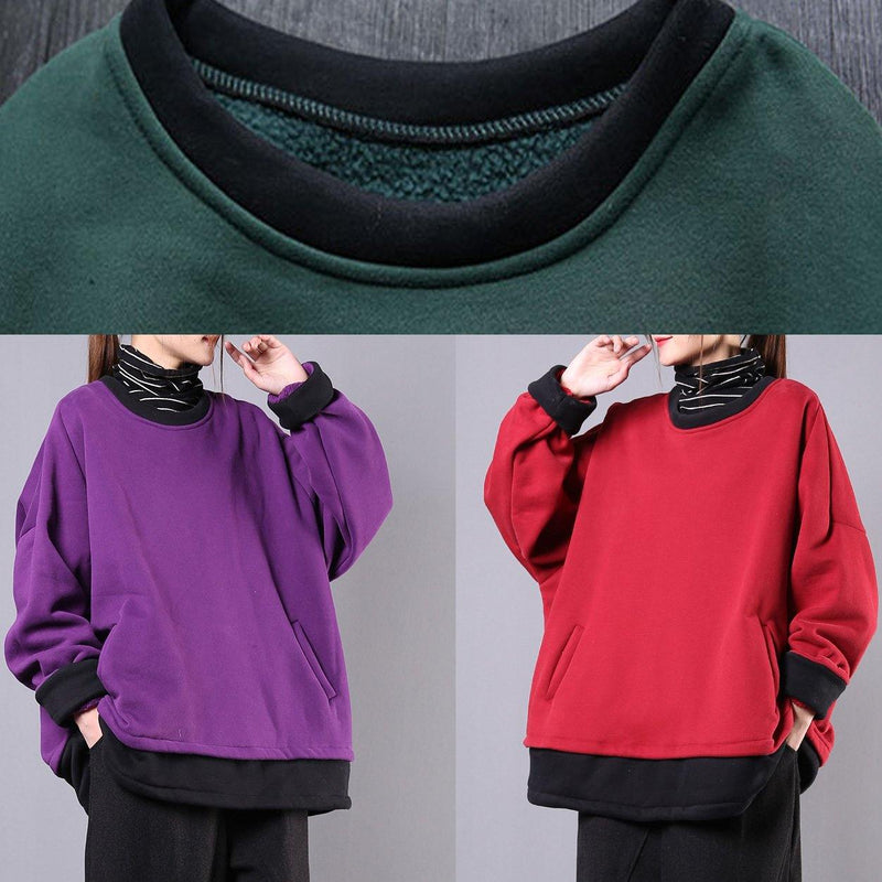 French O Neck Pockets Cotton Box Top Sewing Red Tops