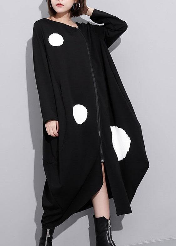 French O Neck Pockets Cotton Clothes Tunic Tops Black Dotted Long Dress
