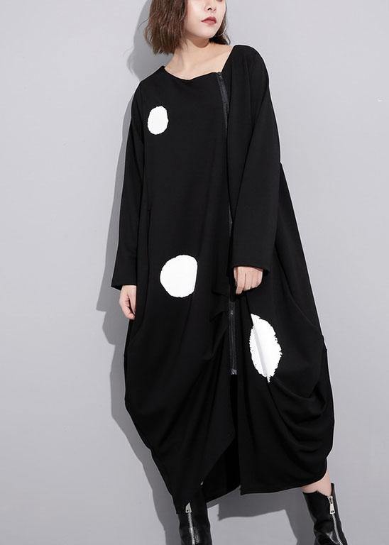 French O Neck Pockets Cotton Clothes Tunic Tops Black Dotted Long Dress