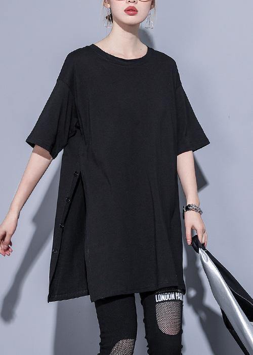 French O Neck Side Open Cotton Tops Photography Black Blouse Summer