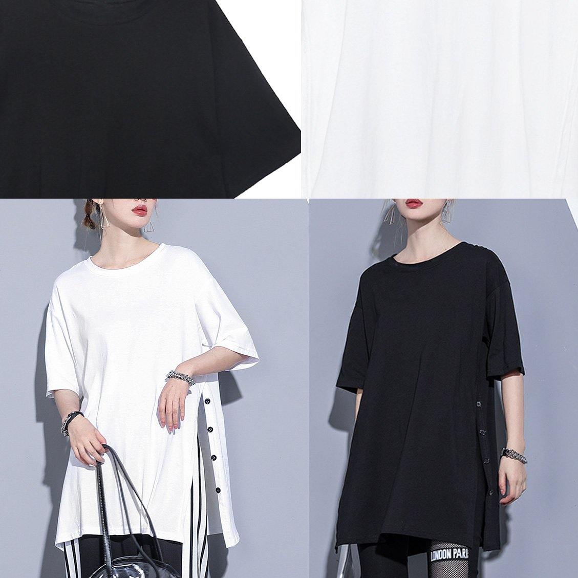 French O Neck Side Open Cotton Tops Photography Black Blouse Summer