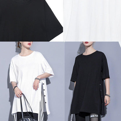 French O Neck Side Open Cotton Tops Photography Black Blouse Summer