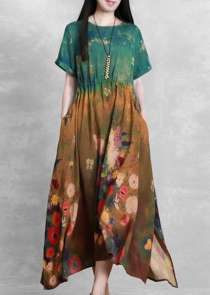 French O Neck Summer Dress Yellow Green Print Dress