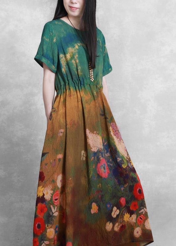 French O Neck Summer Dress Yellow Green Print Dress