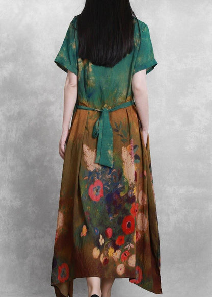 French O Neck Summer Dress Yellow Green Print Dress