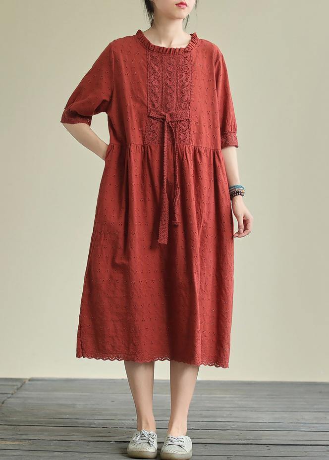French O Neck Tie Waist Cotton Summer Clothes Neckline Red Maxi Dresses