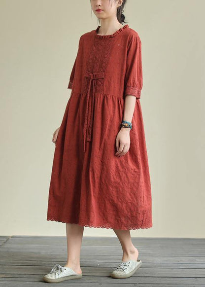 French O Neck Tie Waist Cotton Summer Clothes Neckline Red Maxi Dresses