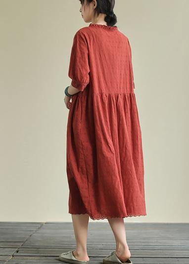 French O Neck Tie Waist Cotton Summer Clothes Neckline Red Maxi Dresses
