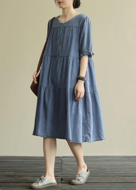 French O Neck Cinched Cotton Summer Quilting Clothes Wardrobes Blue Dresses