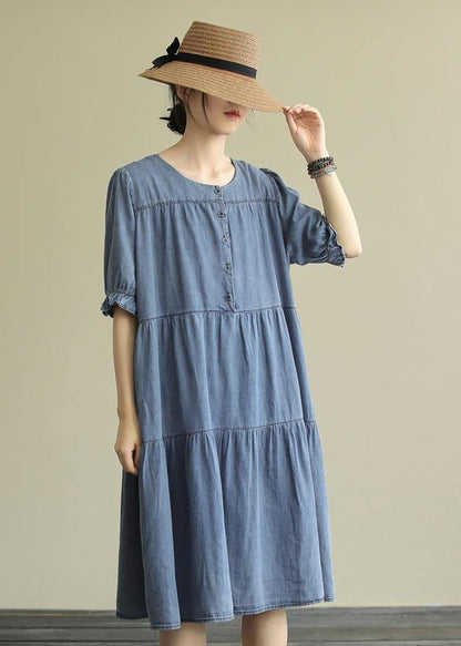 French O Neck Cinched Cotton Summer Quilting Clothes Wardrobes Blue Dresses