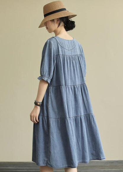 French O Neck Cinched Cotton Summer Quilting Clothes Wardrobes Blue Dresses
