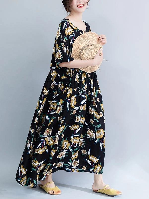French O Neck Cinched Chiffon Tunics Runway Black Print Maxi Dresses
