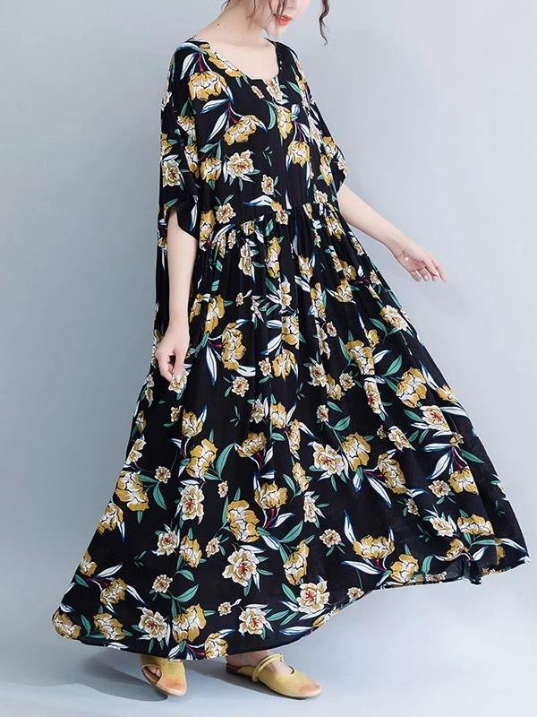 French O Neck Cinched Chiffon Tunics Runway Black Print Maxi Dresses