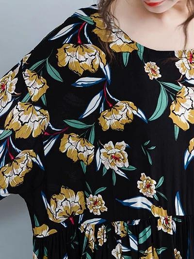 French O Neck Cinched Chiffon Tunics Runway Black Print Maxi Dresses