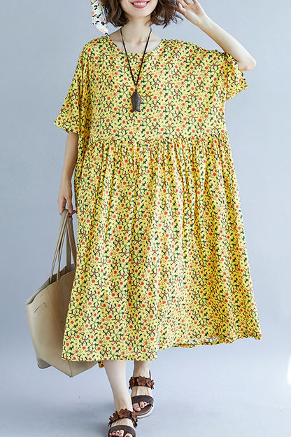 French O Neck Cinched Cotton Dress Design Yellow Print a Line Dresses Summer