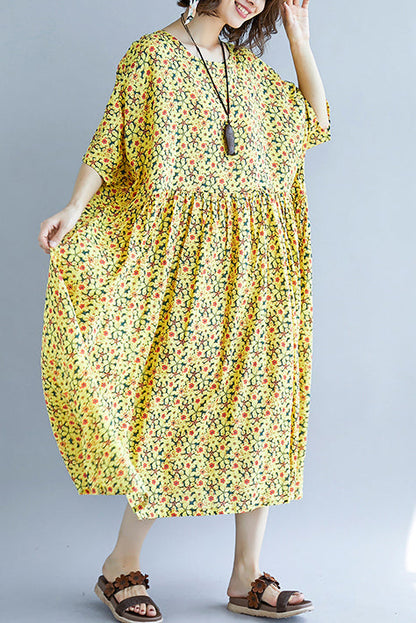 French O Neck Cinched Cotton Dress Design Yellow Print a Line Dresses Summer