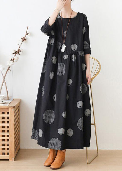 French O Neck Cinched Dresses Neckline Black Dotted Maxi Dress