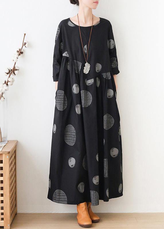 French O Neck Cinched Dresses Neckline Black Dotted Maxi Dress
