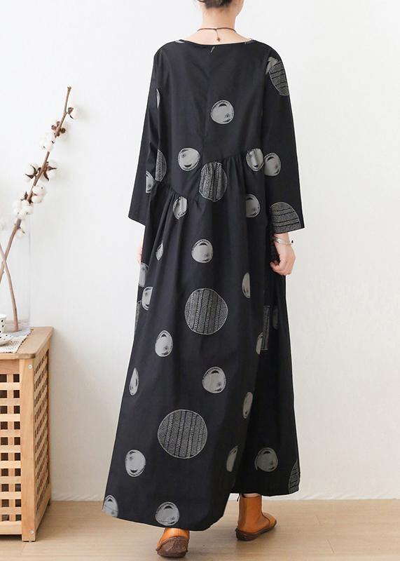 French O Neck Cinched Dresses Neckline Black Dotted Maxi Dress