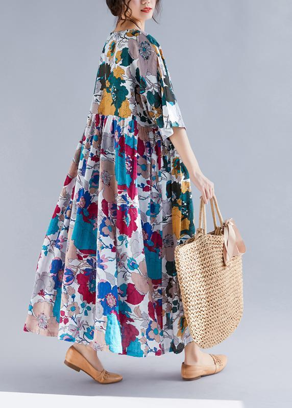 French O Neck Cinched Patchwork Chiffon Robes Pakistani Sleeve Print Maxi Dress Summer