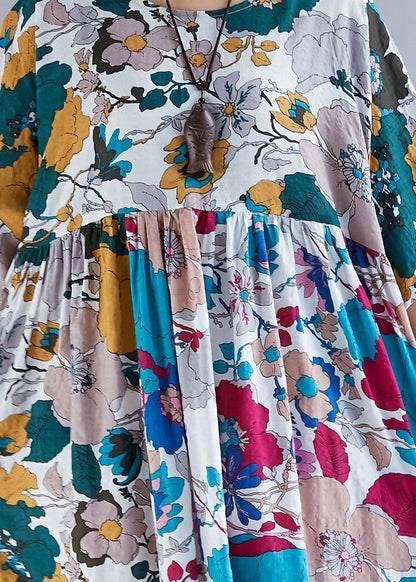 French O Neck Cinched Patchwork Chiffon Robes Pakistani Sleeve Print Maxi Dress Summer
