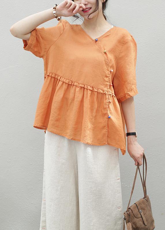 French Orange Linen Clothes O Neck Cinched Knee Blouse