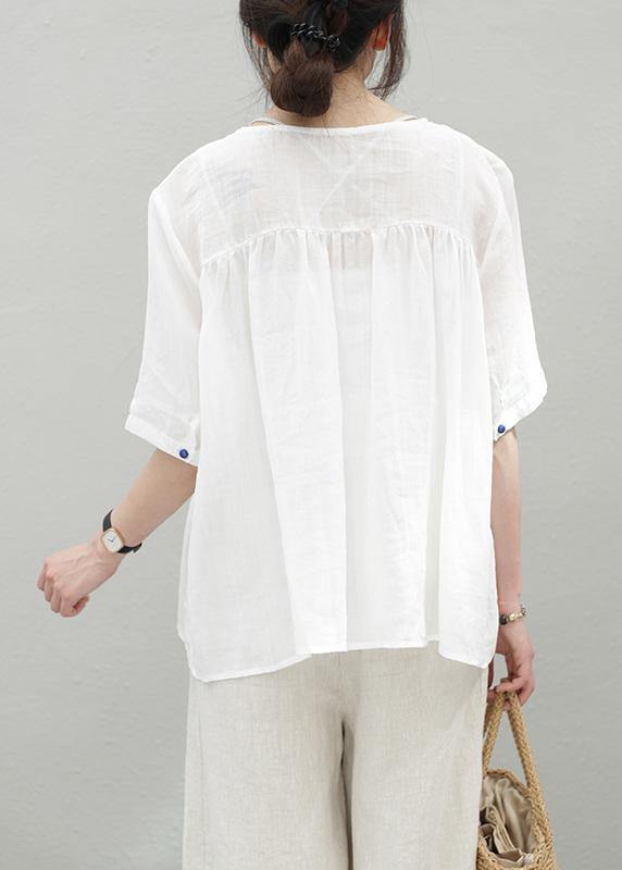 French Orange Linen Clothes O Neck Cinched Knee Blouse