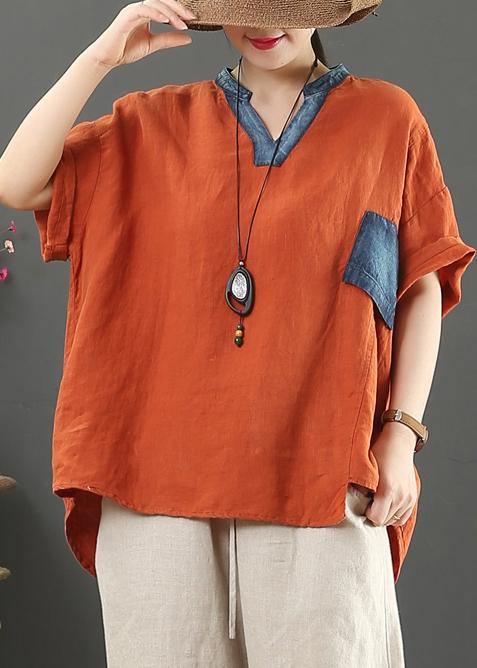French Orange Linen Tops V Neck Pockets Silhouette Shirt