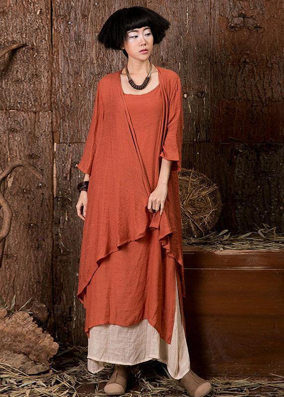 French Orange Linen Tunic Top Bracelet Sleeved Loose Summer Cardigan