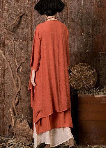 French Orange Linen Tunic Top Bracelet Sleeved Loose Summer Cardigan