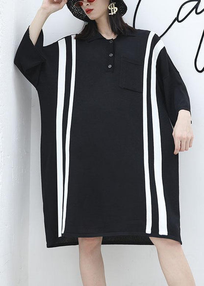 French Patchwork Big Pockets Cotton Clothes for Neckline Black Dress Summer