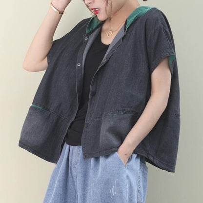 French Patchwork Cotton Summer Blouse Neckline Green Hooded Tops