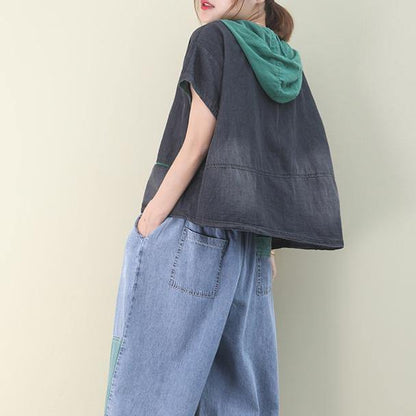 French Patchwork Cotton Summer Blouse Neckline Green Hooded Tops